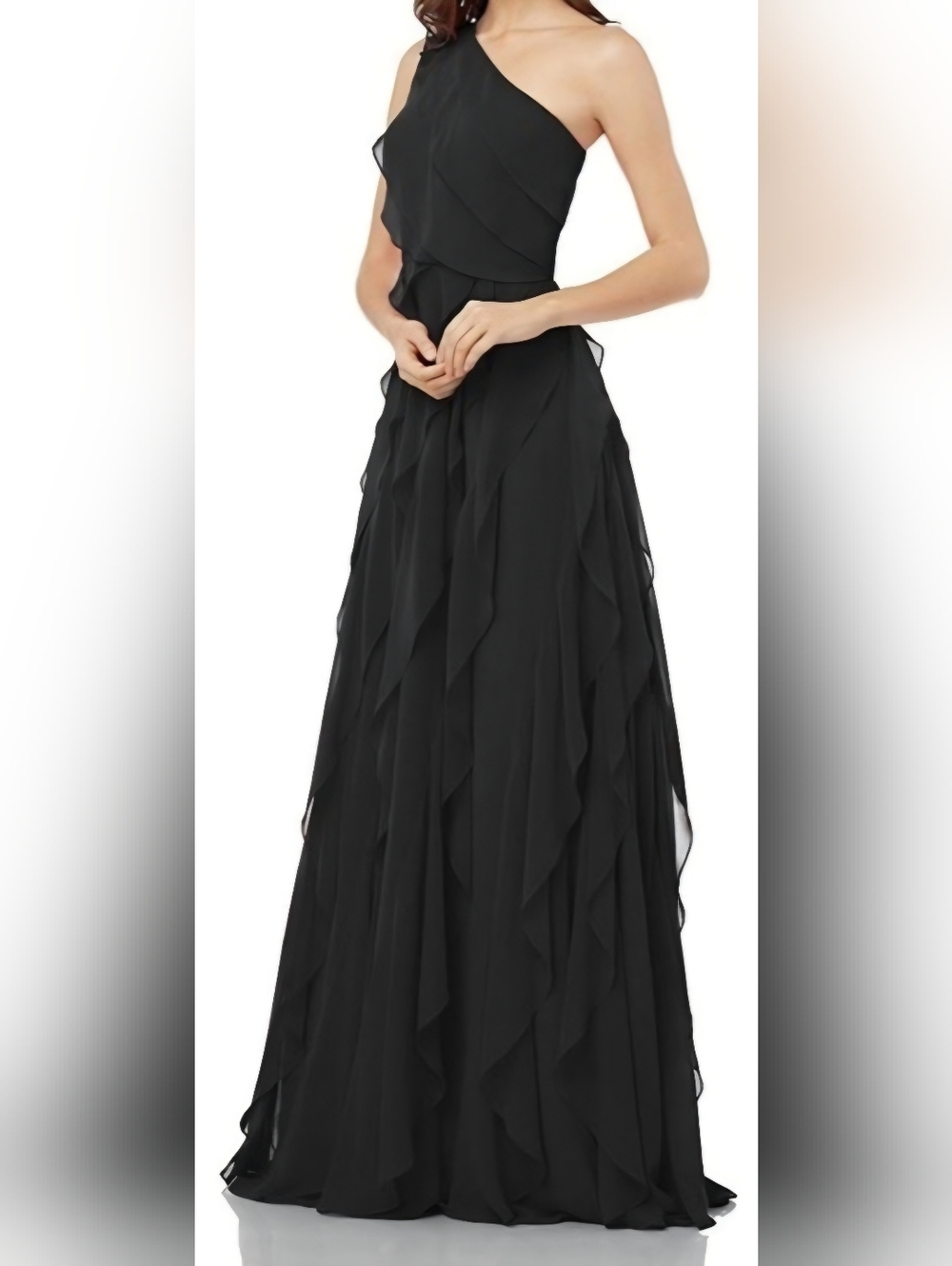 Carmen Marc Valvo Infusion One-Shoulder Tiered Chiffon Gown Size 14 NEW With TAG